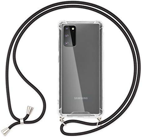 NALIA Handyhülle mit Kette kompatibel mit Samsung Galaxy S20 Hülle, Slim Necklace Hard-Case mit Umhänge-Band, Transparente Schutzhülle & Handy-Schnur, Soft Kordel Cover Phone Etui, Farbe:Schwarz