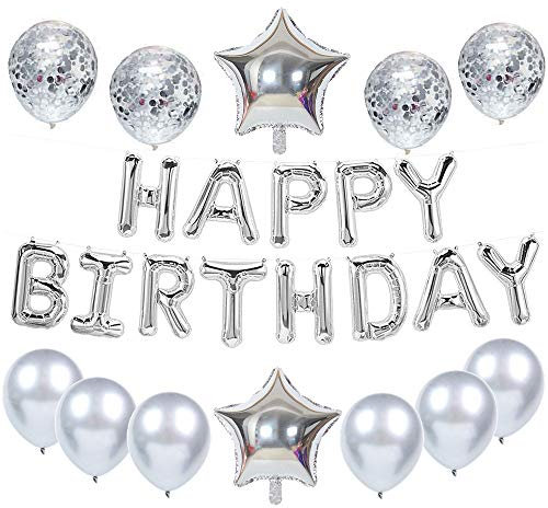 Feelairy Geburtstagsdeko Silber Geburtstag Party Dekoration Set, Happy Birthday Girlande Ballons Luftballon Konfetti in Silber, Geburtstag Partydeko für Junge Mädchen Männer Frauen