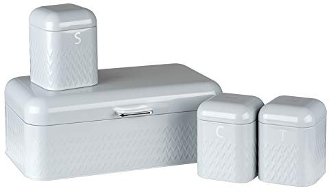 LIVIVO Taurus 4pc Kitchen Storage Set with Airtight Lids Includes Tea Coffee Sugar Canister Jar with Matching Stylish Bread Bin (Grey)