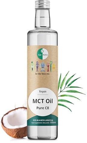 Go-Keto MCT Oil C8, 500 ml - HUILE TCM premium C8, dans bouteille en verre, 100% huile de coco, sans huile de palme, top pour le régime keto, our un bulletproof coffee, Paléo, végane