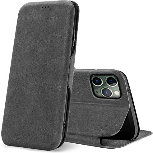 Verco Handyhülle für iPhone 11 Pro Max, Bookstyle Premium Handy Flip Cover für Apple iPhone 11 Pro Max Hülle [6,5 Zoll] [integr. Magnet] Book Case PU Leder Tasche, Grau