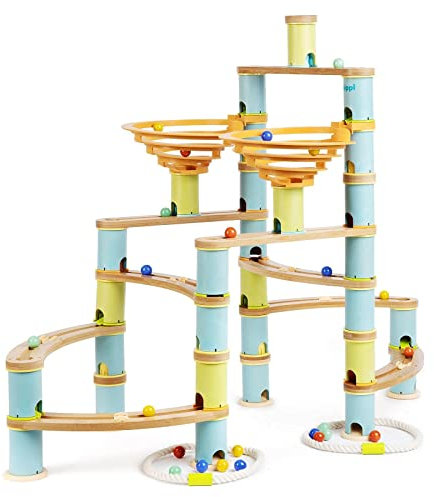 Parcours de Bille boppi Labyrinthe en Bambou Éco-Responsable de 138 Pièces pour Enfants avec 24 Billes - Jouet de Construction STEM pour Garçons et Filles à Partir de 3 Ans et Plus - Pack XXL