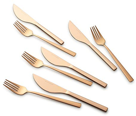 ECHTWERK Pizzabesteck‑Set 8‑tlg. - 4 Pizzamesser & 4 Pizzagabeln aus Edelstahl mit PVD-Beschichtung - hochwertiges Pizza & Steakbesteck für 2 Personen - Bronze‑Edition