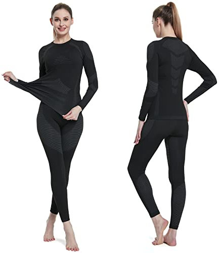 Thermounterwäsche Damen, Skiunterwäsche - Funktionsunterwäsche Damen Warm & Atmungsaktiv Thermo Unterwäsche Set Ski Unterwasche Set Sportunterwäsche für zu Hause und Sport im Herbst Winter