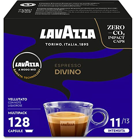 LAVAZZA - A Modo Mio Espresso Divino, 128 Capsules de Café, aux Notes de Cacao et de Fruits Exotiques, Arabica et Robusta, Intensité 11, Torréfaction Foncée, Goût Persistant, 8 Paquets de 16 Capsules