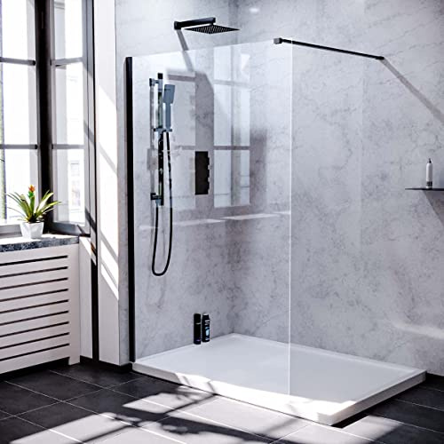 Samoa 1200mm Wet Room 8mm Tempered Glass Screen & Support Bar Matte Black