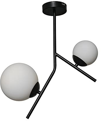 MiniSun | Modern 2 Way Hanging Bar Matt Black and Opal Glass Globe Shade Ceiling Light Fitting | Pendant Lights, Home Décor & Improvement Essential | Includes Bulb [3000K Warm White] | Mains Wired