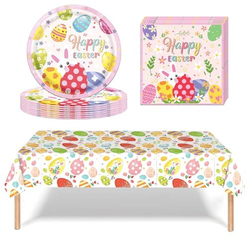 Set di stoviglie per feste di Pasqua, 37 pezzi, piatti di carta a tema pasquale, tovaglioli, tovaglia, forniture per feste di Pasqua, decorazioni colo