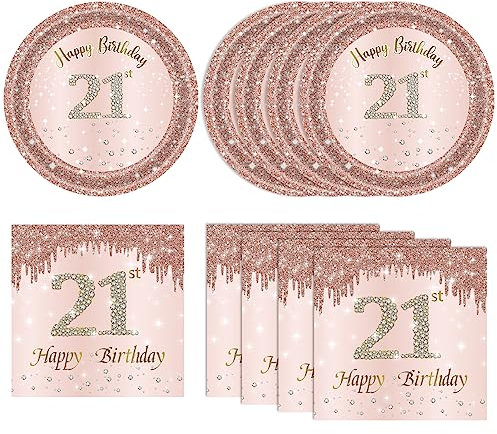 KHAIVI 21st Birthday Rose Gold Party Supplies - Plates and Napkins, Happy 21 Disposable Tableware for Girls Women