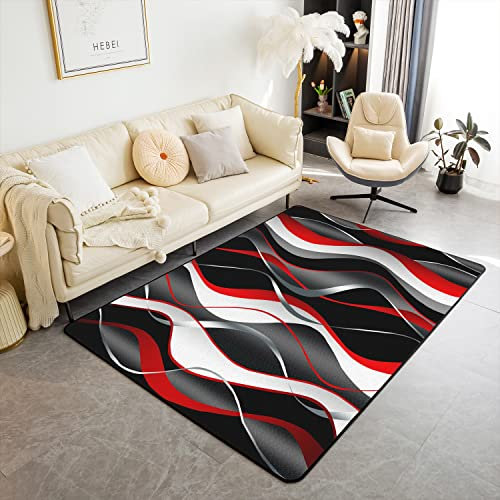 Loussiesd Geometrische Fläche Teppich 150x200cm Geometrie Weiß Rot Schwarz Graue Linien Teppiche für Wohnzimmer Schlafzimmer Moderne Abstrakte Kunst Dekorative Teppich