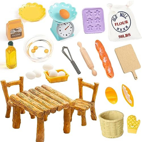 26 Stück Puppenhaus Backen Zubehör, Miniatur Wichtel Zubehör Set, Puppenhaus Küche Deko, Weihnachten Backset, Tisch und Stühle Eier Mehlsack Nudelholz