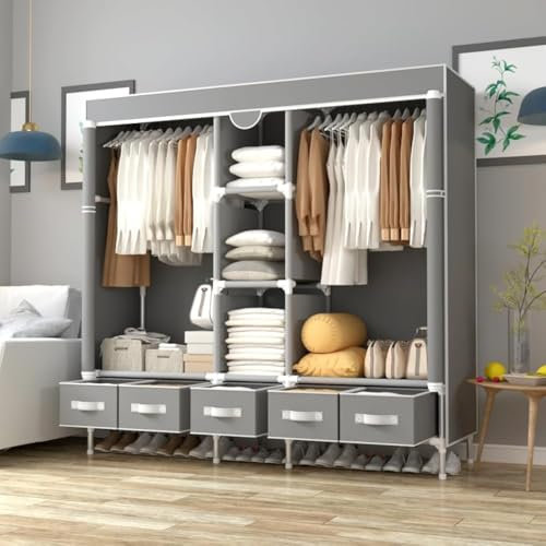 Anmas Power Armoire en Tissu avec tiroirs - 185 x 45 x 175 cm - Gris Clair Armoire assemblée dans la Chambre