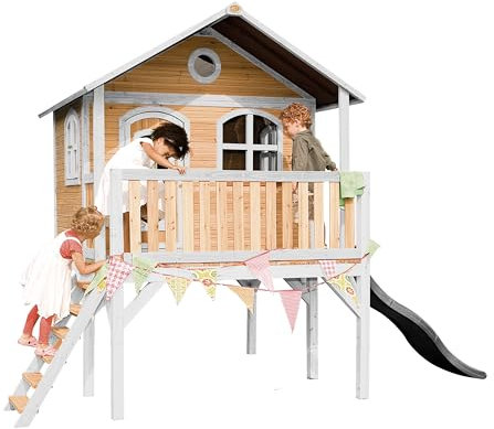 AXI Spielhaus Sophie mit Grauer Rutsche | Stelzenhaus in Braun & Weiß aus FSC Holz für Kinder | Spielturm mit Wellenrutsche für den Garten