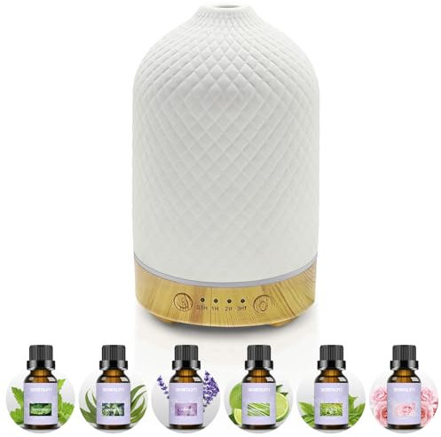 Diffuseur D'huiles Essentielles avec 6x10ml Set d'huiles Essentielles Diffuseur Electrique Ultrasonique Aromathérapie en Céramique 100ML avec Minuterie D'arrêt Automatique De 7 Couleurs