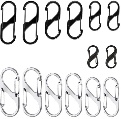 14 Stück Diebstahlsicherung Reißverschluss Anhänger Rucksackschloss Doppelverriegelung Karabinerhaken S Förmig Clip für Schlüssel Outdoor Aktivitäten,reise gadgets,20.30.40.50mm, schwarz und silber