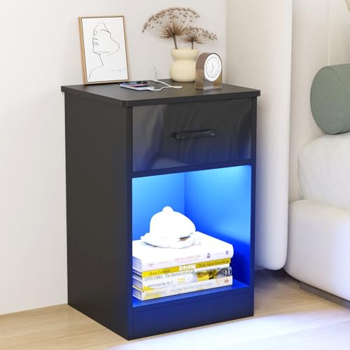 CHOWGOLI Nachttisch, LED Nachtschrank mit Steckdose & Ladefunktion, Nachtkommode mit Schubladen und Offenes Fach, Nightstand Hochglanz-Schubladenfronten, Nachtkästchen Schwarz, 45x35x60cm