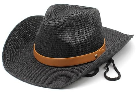 Chapeau de paille à grand bord pour l'été, chapeau de cowboy occidental tibétain, chapeau de plage, chapeau de protection solaire à large bord (noir)