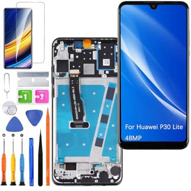 Écran pour Huawei P30 Lite 48MP MAR-L01A MAR-L21A MAR-LX1A Écran LCD de Rechange Assemblée réparation Kit (Noir avec Cadre)