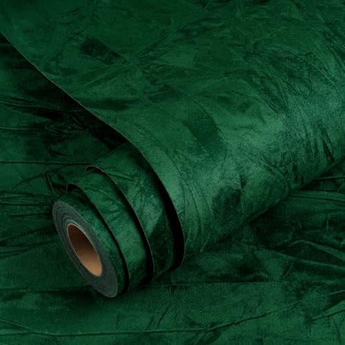 YENHOME 30X393 Dark Green Velvet Wallpaper Peel and Stick Vintage Green Wallpaper for Bedroom Velvet Wall Paper Peel and Stick Textured Contact Paper Self Adhesive Felt Sheet Roll