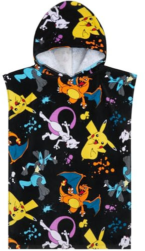 Pokemon Badeponcho Kinder Handtuch mit Kapuze Kuschelig und Saugstark Pikachu Strandtuch Baumwolle Poncho Badetuch Jungen und Mädchen (Schwarz/Mehrfarbig, 6-9 Jahre)