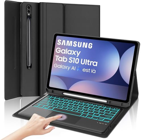Keyboard Case for Samsung Galaxy Tab S10 ultra 14.6 inch 2024 - UK Layout 7 Colors Blacklit Touchpad Detachable Wireless Bluetooth Keyboard, Protective Folio Cover for S9/S8 Ultra 14.6, Black