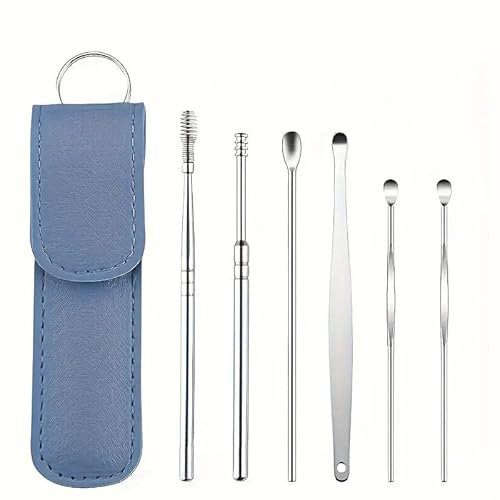 6PCS Stainless Steel Ear Pick Set - 360° Rotating, Double-Ended Ear Wax Remover for Safe & Gentle Adult Ear Care, Premium Home Cleaning Tool Kit (Blue)