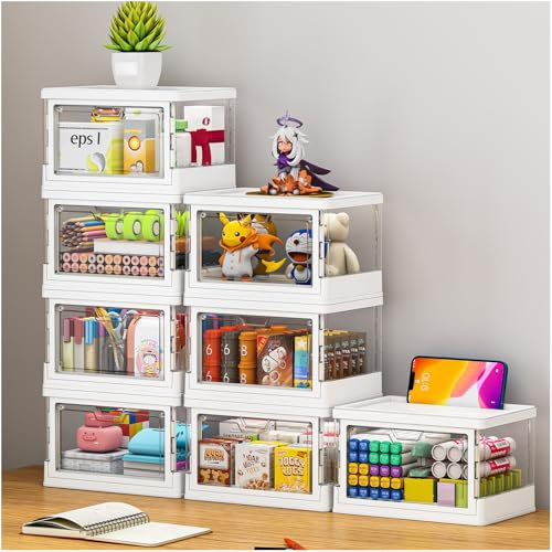 StowBin 8 Pack Stackable Storage Boxes with Lid - Multifunctional & Foldable Storage Box for Lego, Snacks, Stationery and Desk Supplies, Ideal for Desktop Storage Clear Storage Containers