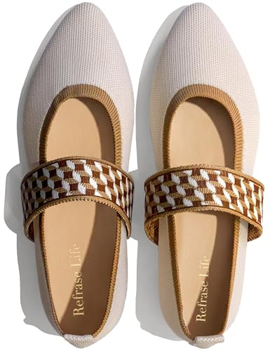 REFRASE LIFE Women's Ballet Flats Pointed Toe with Elastic Strap, Black and Beige Dressy Knit Slip-On Ballet Shoes for Everyday Wear, Lightweight and Breathable