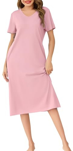 Wikoan Chemise de Nuit Femme en Coton Chemise de Nuit Longue Robe de Nuit à Manches Courtes Col en V Vêtements de Nuit Ete avec Poches S-XXL