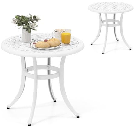 KOMFOTTEU Tavolo da giardino esterno in alluminio pressofuso, tavolino rotondo per Terreza, tavolino da caffè con cuscinetti regolabili, con carico di 50 kg, 60 x 53 cm (bianco)