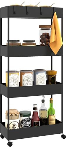 HOMCOM Servierwagen mit 4 Ebenen Küchenwagen mit Rollen Rollwagen mit Haken Küchenrollwagen Allzweckwagen für Küche Büro Badezimmer, Weiß, Schwarz