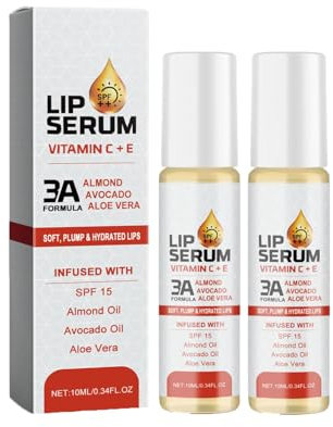 Lip Serum SPF 15, Lippenöl mit Vitamin C+E & Mandelöl, Intensive Feuchtigkeit Lippenöl Gegen Falten, für Pralle Lippen, Glättet und Befeuchtet Lippen (2)