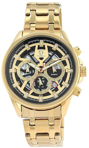 Pierrini Chronograph Herrenuhr – Armbanduhr Herren Edelstahl mit Stoppuhr, Datum & 24h-Anzeige – Sportliche Quarzuhr mit Geschenkbox – Uhr für Männer (Gold/Gold)