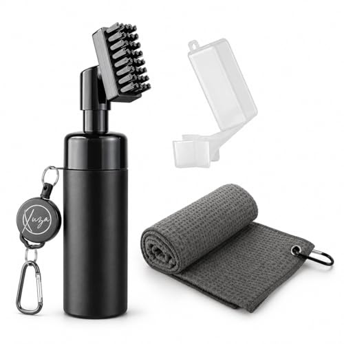 Xuza Golf Club Cleaner Brush with Built-in Water Spray & Golf Towel – Leakproof Tank, Bristle Head, 80cm Retractable Hook – Groove Cleaner & Golf Accessories Gift Set