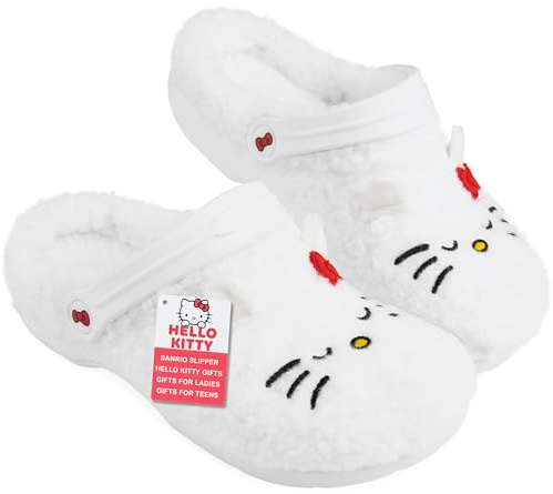 Hello Kitty Sanrio Sabots Femme et Ado Fille, EU 35-41, Pantoufles Hiver Jardin Intérieur Anime, Semelle Antidérapante Polaire (39 EU, Blanc)