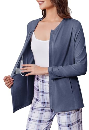 Deyeek Mastektomie-Shirts mit Abflusstaschen, nach der Schulter, OP-Oberteil für Damen, Chemo-Anschluss, langärmelig, mit Reißverschlüssen