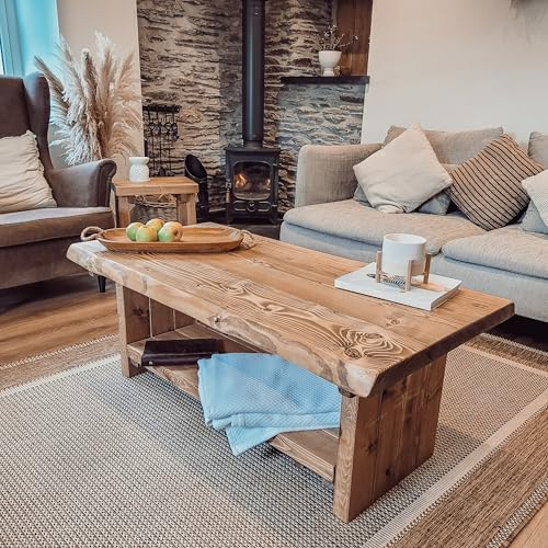Tribe Joinery LORIE Live Edge Coffee Table With Shelf, Rustic Solid Wood, Natural Edge (L120xW40xH45cm)