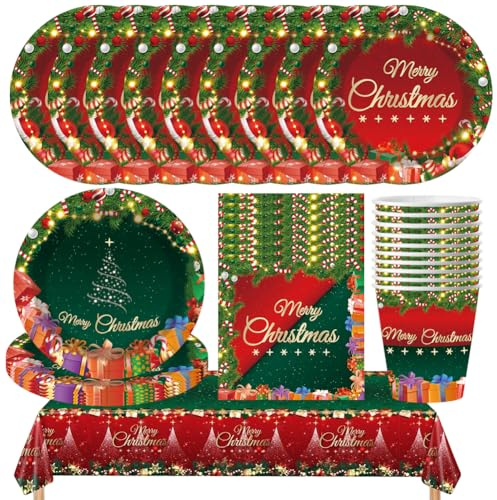 Vajilla de Fiesta de Navidad,51 Decoraciones de Fiesta de Navidad,Juego de Vajilla de Platos,Tazas,Servilletas, Manteles - 10Invitados