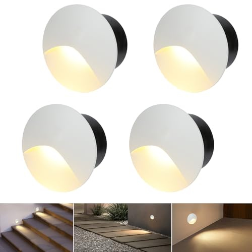 FWoche LED Stair Light 3W, Round Recessed Spotlight 60mm, Warm White Recessed Wall Light with Box, 230V IP44 Aluminium Wall Lighting, for Indoor and Outdoor Use, White(Pack of 4)