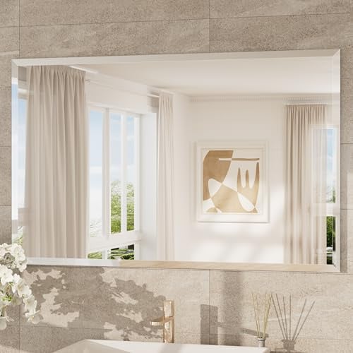 Keonjinn Badezimmerspiegel Rechteckig 120x75cm, Rahmenloser Wandspiegel mit abgeschrägter Kante, dekorativer Spiegel für Badezimmer, Wohnzimmer, Schlafzimmer, Wanddekoration