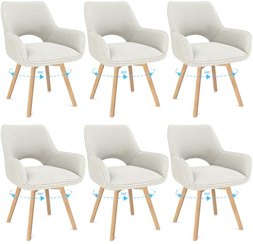 WAFTING Esszimmerstühle Holzbeine 6er Set Drehbar 360°,Armlehnstuhl,Beige | Buchenholz,Cord Stoff,Küchenstühle,Wohnzimmerstuhl,Polsterstuhl mit Samt,Restaurant,Schlafzimmer,Esszimmer,Konferenzraum