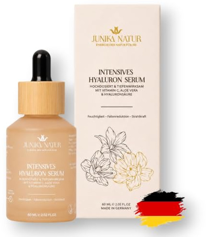 JUNIKA NATUR Hyaluron Serum hochdosiert, Feuchtigkeit mit Aloe Vera, 60 ml | Feuchtigkeitsserum für trockene Haut, mit Aloe Vera, gegen Trockenheitsfältchen, vegan, ohne Alkohol, Made in Germany