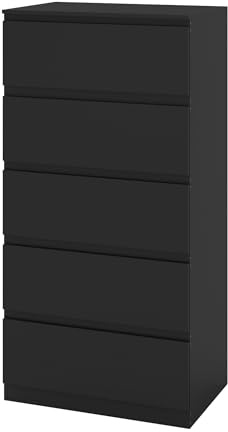 Amveya Kommode Schwarz mit 5 Schubladen Schubladenschrank Sideboard Komodenschrank für Schlafzimmer Wohnzimmer Flur und Büro 60x40x120,5 cm