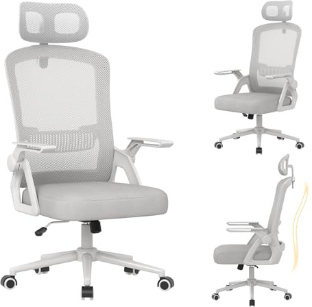 naspaluro Ergonomic Office Chair, Desk Chairs with Lumbar Support Headrest Adjustable, Flip-up armrests Comfy Seat Cushion High Back breathable Mesh Chair, Computer Chair for Home/Office-Grey