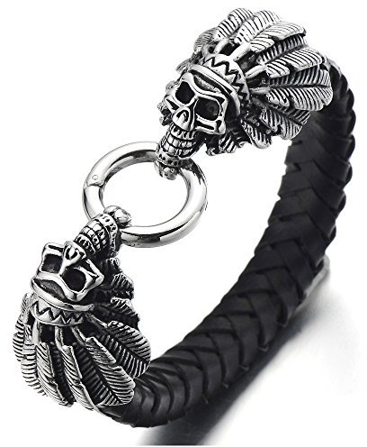 COOLSTEELANDBEYOND Edelstahl Indian Schädel Armband Herren Armband Schwarz Lederarmband Geflochtenem Leder Armreif