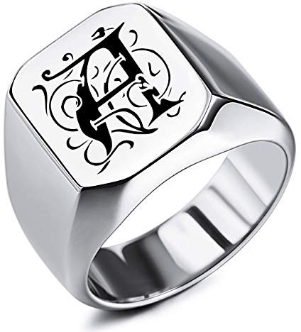 MeMeDIY Benutzerdefinierte Gravur Initialen Monogramm Siegelring für Männer Frauen Jungen Herren Ringe Edelstahl, Bundle mit Ringgrößeneinstellern (Silberfarbe, Größe 75 (23.9))