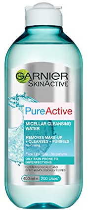 Garnier Pure Active Micellar Water 400ml, Gentle Face Cleanser & Make-Up Remover For Face, Lips & Eyes - Cleanses & Mattifies Combination-Oily Skin, Best Used With Reusable Micellar Eco Pads
