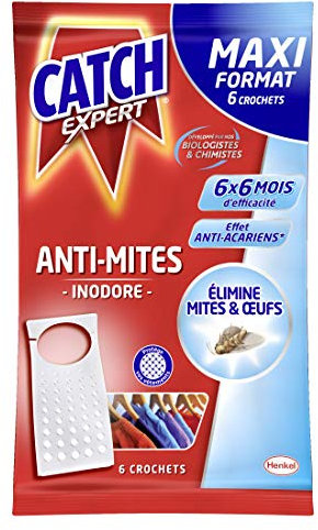 CATCH Expert Mites - 6 Crochets (120 g) - Anti-Mites Textiles - 6 mois de protection par crochet (6 crochets - lot de 1)