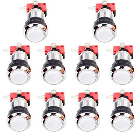EG STARTS 10x Chrome LED beleuchtete Drucktaste mit 4.8mm Schnittstellen-Mikroschalter für Säulengang Maschinen Videospiele Mame Jamma zerteilt 12V Knöpfe (Weiß)