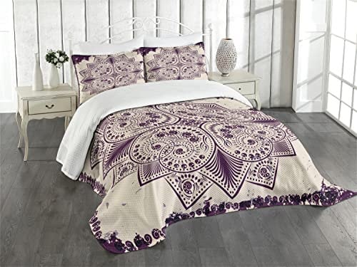 ABAKUHAUS lila Mandala Tagesdecke Set, Schneeflocke Form, Set mit Kissenbezügen Sommerdecke, für Einzelbetten 170 x 220 cm, Dunkel Violett und Grau weiß